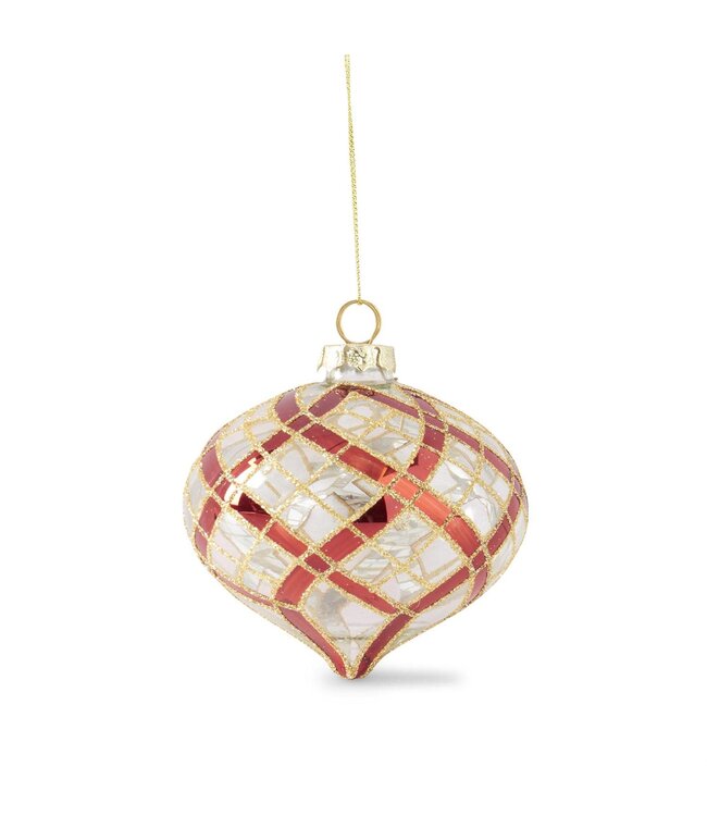K&K Interiors Clear Glass Ornament With Glittered Red & Gold Plaid