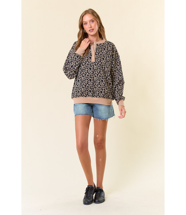 Doe and Rae Leopard Jacquard Half Snap Button-Down Sweatshirt