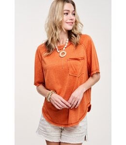 LaMiel Raglan Short Sleeve Front Pocket Round Neck Top