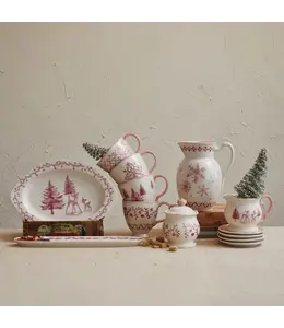 Creative Co-Op Stoneware Teacup With Holiday Image & Scalloped Rim