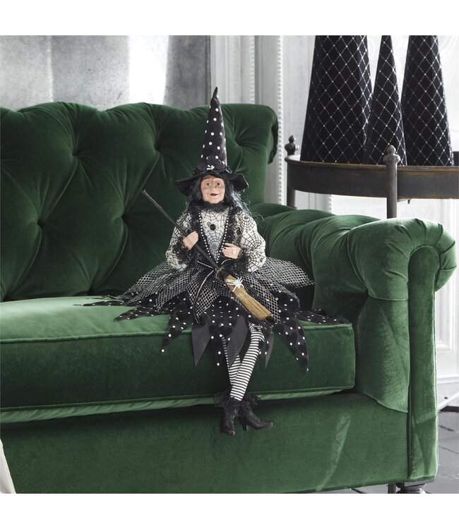 K&K Interiors Sitting Sabrina Witch With Broom & Polka Dot Hat