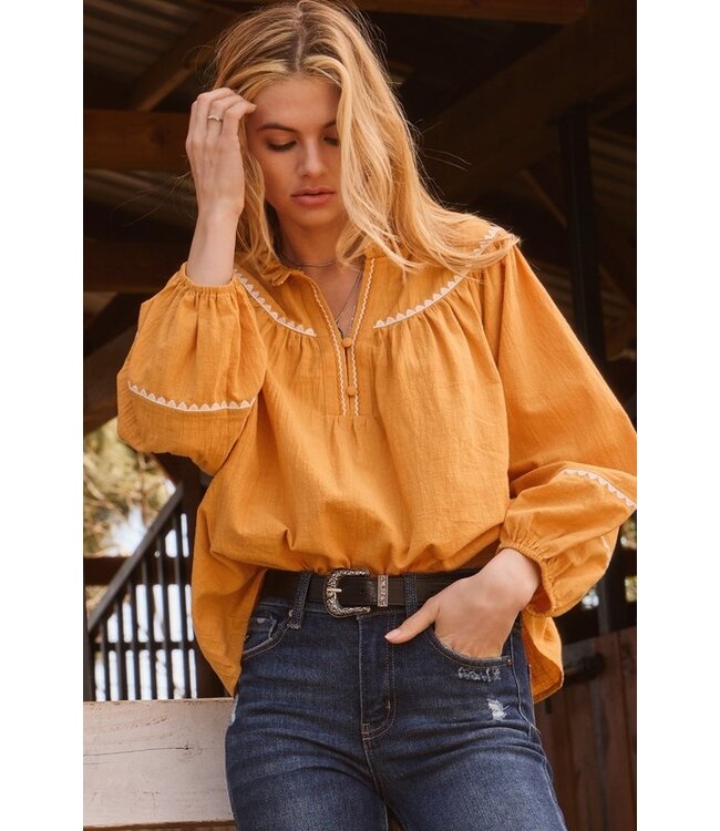 Oddi Embroidery Ruffle Neckline Blouse