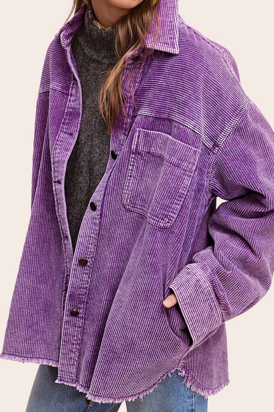 【U LAN】Cozy Button Corduroy Padding Oversized Washed Fabric Corduroy Button Down Jacket - Miss