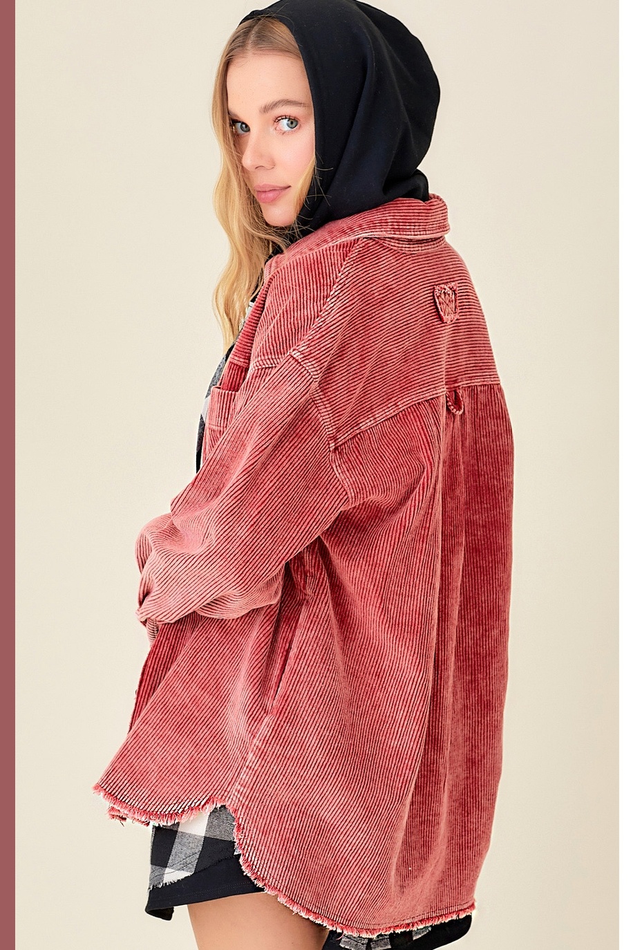 Oversized Washed Fabric Corduroy Button Down Jacket - Miss