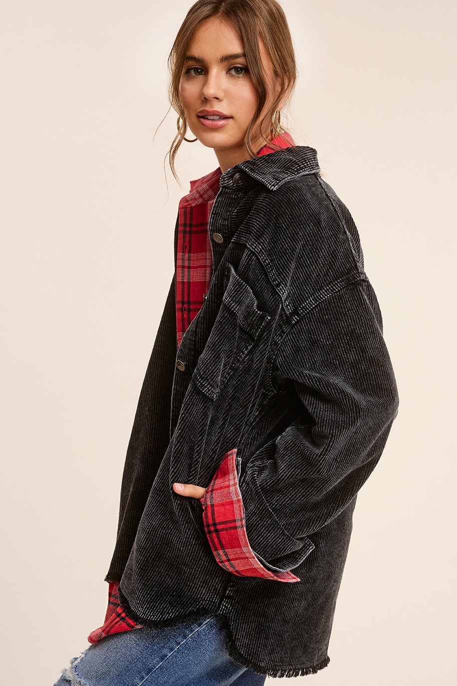 Oversized Washed Fabric Corduroy Button Down Jacket - Miss