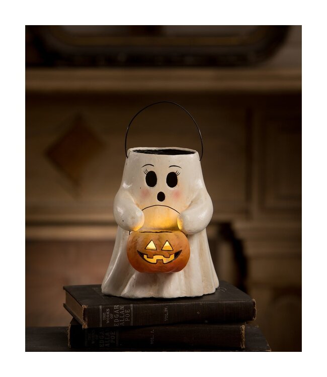 Bethany Lowe Designs Sweet Boo with Pumpkin Bucket Paper Mache