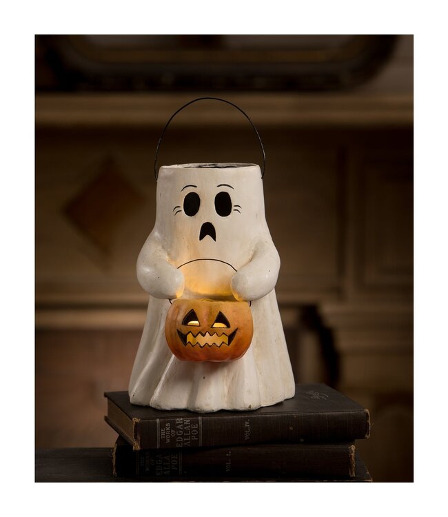 Bethany Lowe Designs Scaredy Boo with Pumpkin Bucket Paper Mache