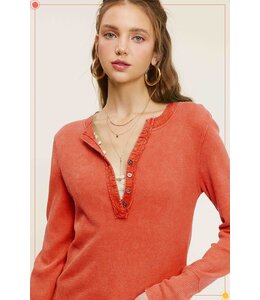 LaMiel Waffle Long Sleeve Button Front Henley Thermal Top