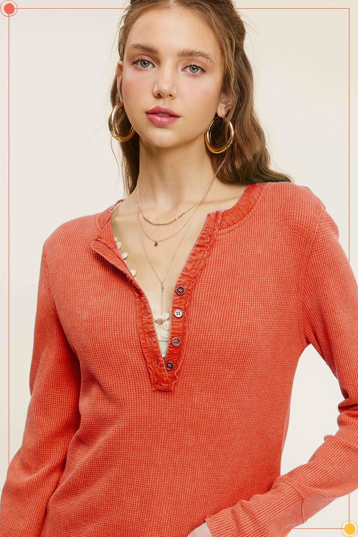 Waffle Long Sleeve Button Front Henley Thermal Top - Miss