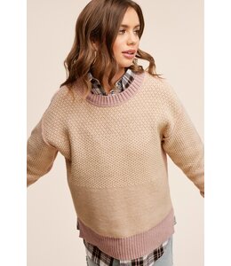 LaMiel Loose Fit Color Block Textured Round Neck Sweater