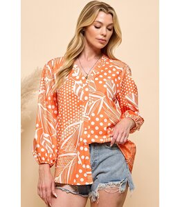 Cezele Casual Orange Color Print Button Closure Top