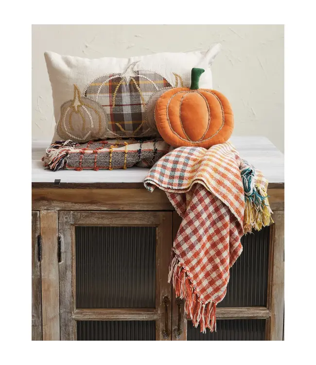 Creative Co-Op Cotton & Linen Lumbar Pillow With Appliqued Pumpkins & Chambray Back