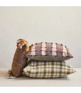 Creative Co-Op Woven Cotton Pillow, Cream Color, Green & Yellow Plaid