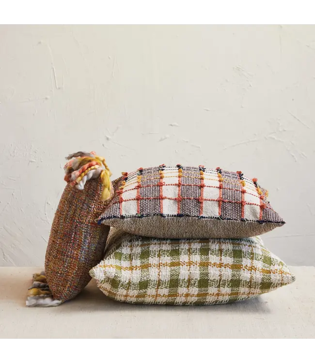 Creative Co-Op Woven Cotton Pillow, Cream Color, Green & Yellow Plaid