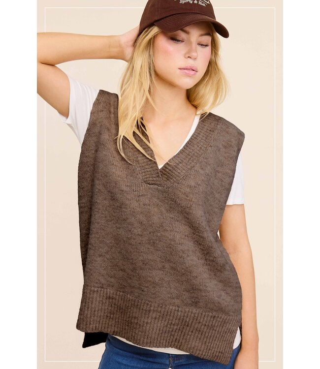 Oversized Soft Knit Sweater Vest with Side Slit - Miss