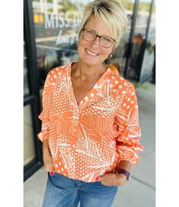 Cezele Casual Orange Color Print Button Closure Top