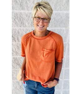 LaMiel Raglan Short Sleeve Front Pocket Round Neck Top