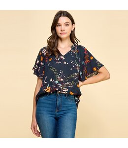 Les Amis Floral Printed Top with Ruffled V Neck Detail