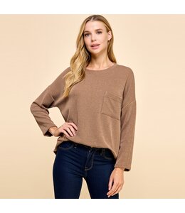 Les Amis Solid Ribbed Top with Pockets and Long Sleeves