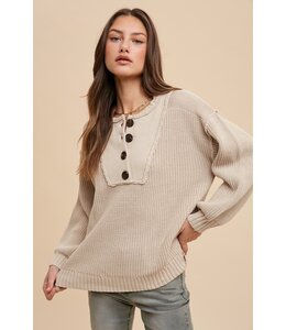 anniewear Button Up Henry Neck Rib Sweater Top