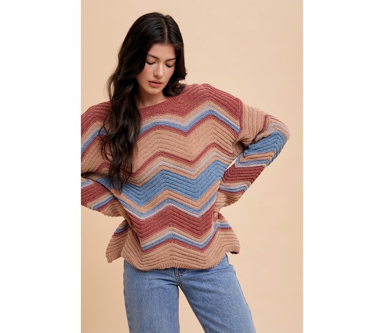 chanCLANE TURTLE WIDE SLIT KNIT TOPS Multi Color Zig-Zag Pointelle Chenille Sweater Top - Miss