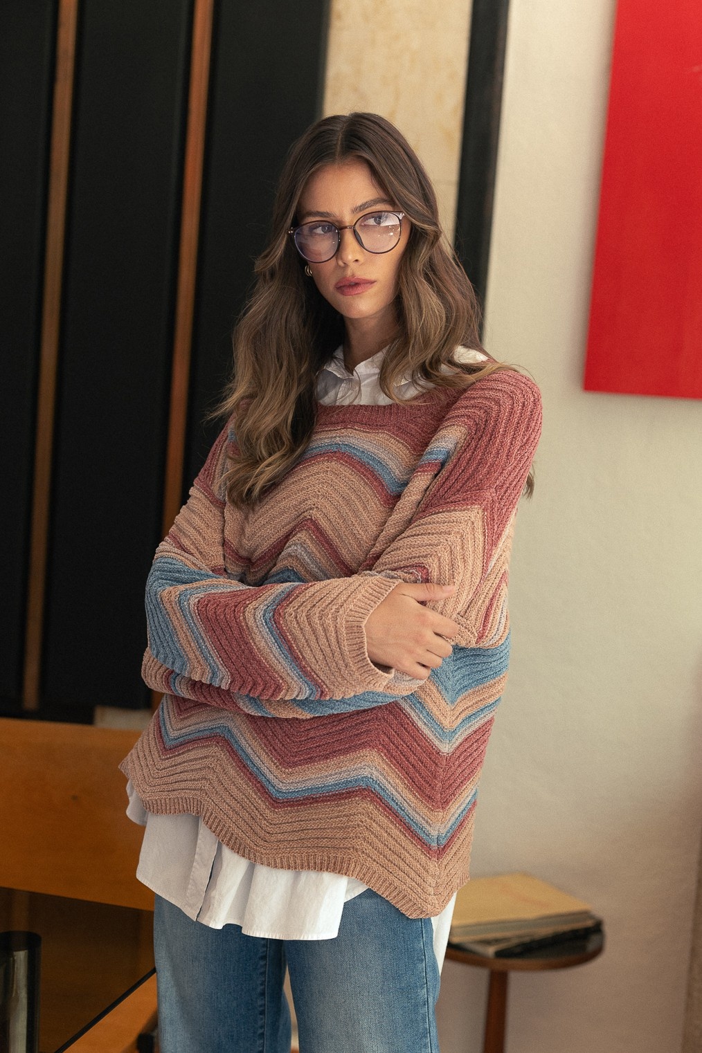 超人気新品 Pointelle Zig-Zag Color Multi Chenille Miss - Top Sweater トップス