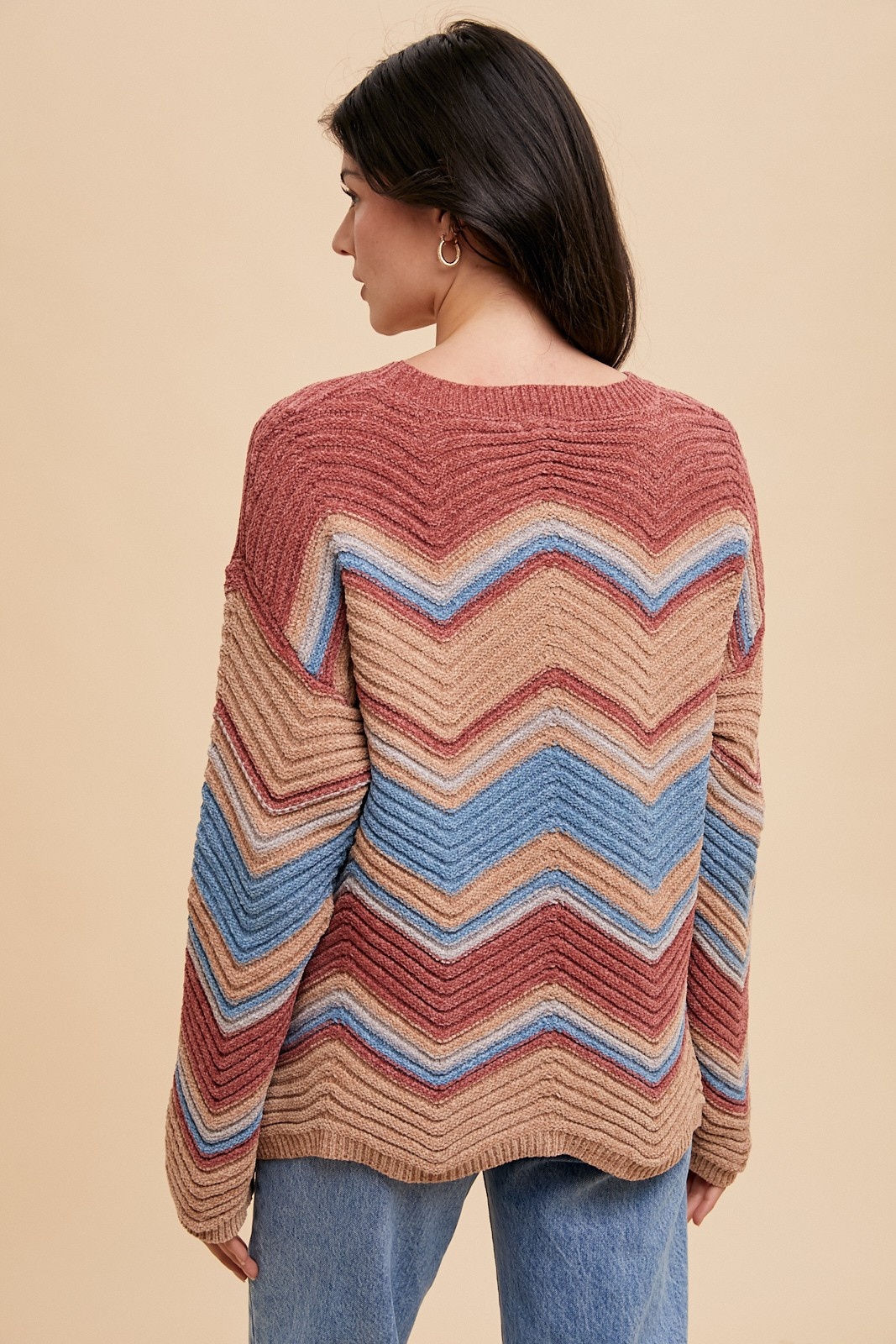 chanCLANE TURTLE WIDE SLIT KNIT TOPS Multi Color Zig-Zag Pointelle Chenille Sweater Top - Miss