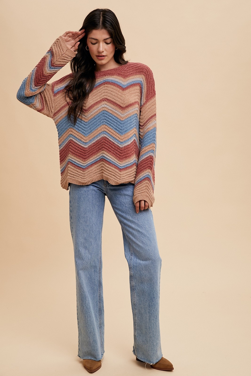 Multi Color Zig-Zag Pointelle Chenille Sweater Top - Miss