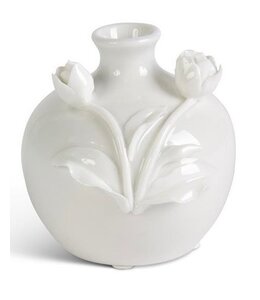 K&K Interiors Short White Ceramic Vase With Raised Flowers