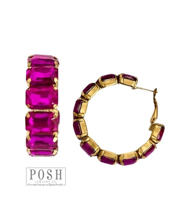 Creative Co-Op Fuchsia  Rhinestone Rectangle Hoop Earrings