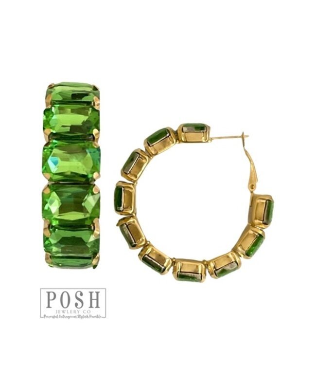 Green Rhinestone Rectangle Hoop Earrings