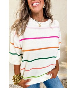 White Colorblock Striped Half Sleeve Drop Shoulder