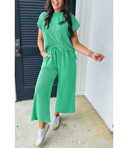 Solid Corded Short Sleeve Shirt and Wide Leg Pant Set
