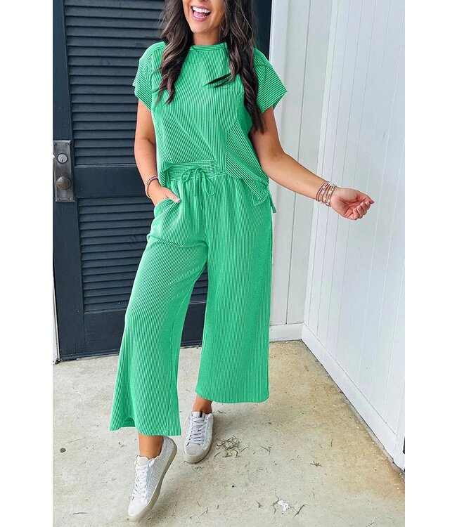 Solid Corded Short Sleeve Shirt and Wide Leg Pant Set