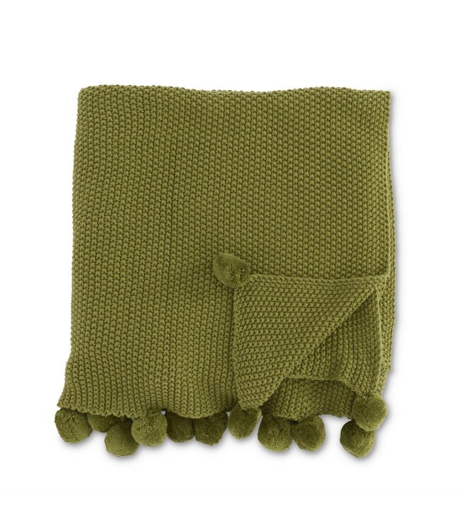 K&K Interiors Sage Green Moss Stitch Knit Throw Blanket With Pompom Trim