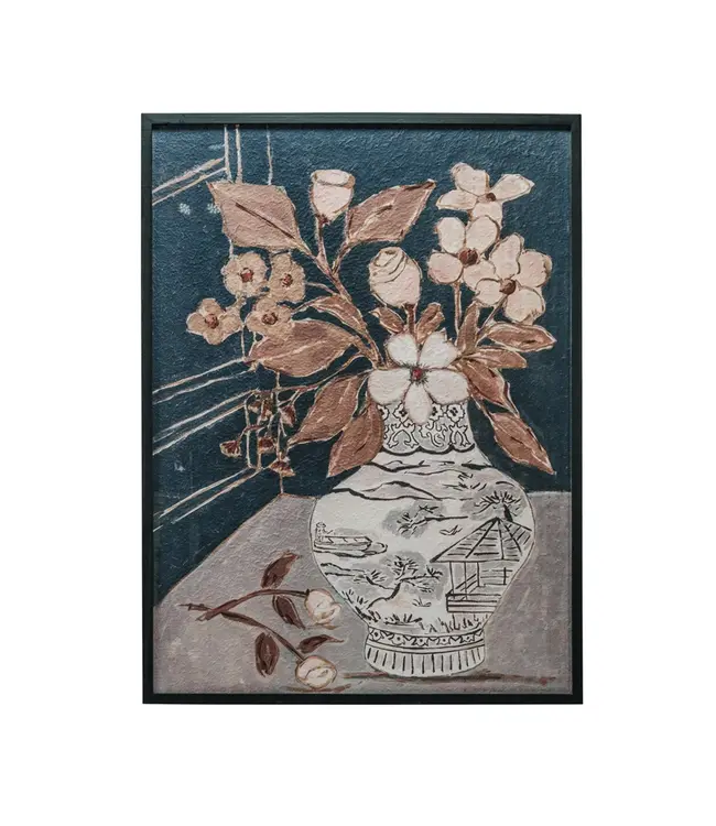 Creative Co-Op Wood Framed Glass Wall Décor With Flowers in Vase 36"x 48"-Navy