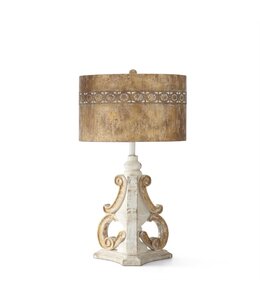 K&K Interiors Weathered White & Gold Tri Scroll Lamp With Gold Metal Shade