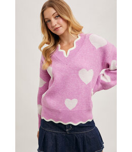 Bluivy Heart Scallop Trimmed Contrast Knit Sweater