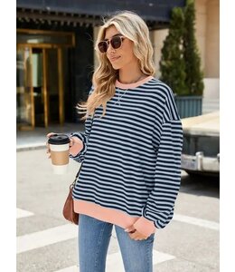 Relaxed Striped Crew Neck Sweater with Color Contrast