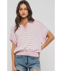Urban Daizy Striped V-Neck Polo Knit Top with Ribbed Trim Detail