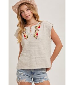 Bluivy Embroidered Notch Neck Knit Top