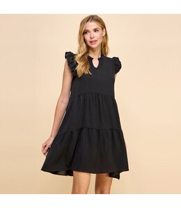 Les Amis V Necked Ruffled Sleeves Floral Solid Dress