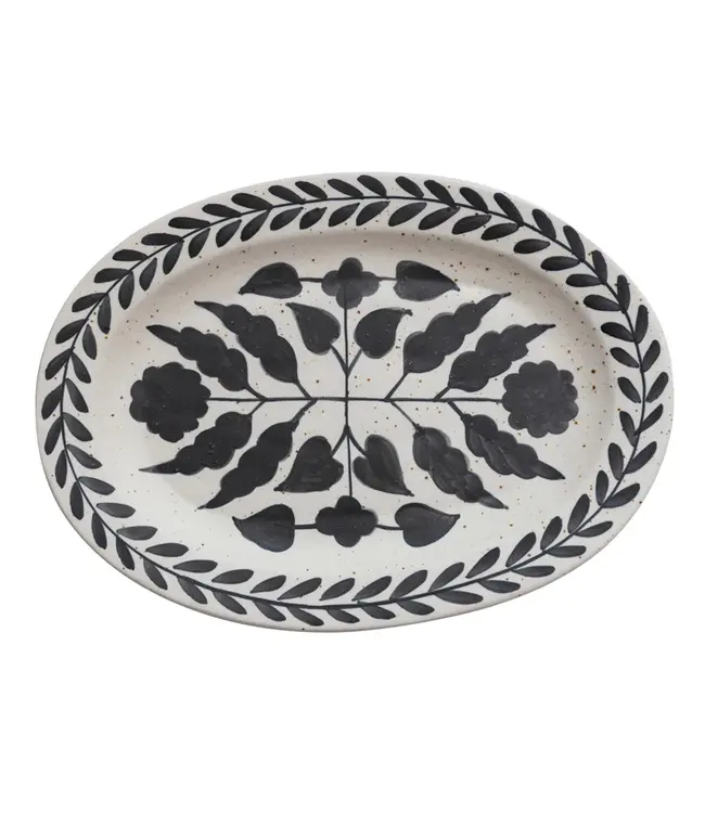 Creative Co-Op Hand-Painted Stoneware Platter With Floral Design