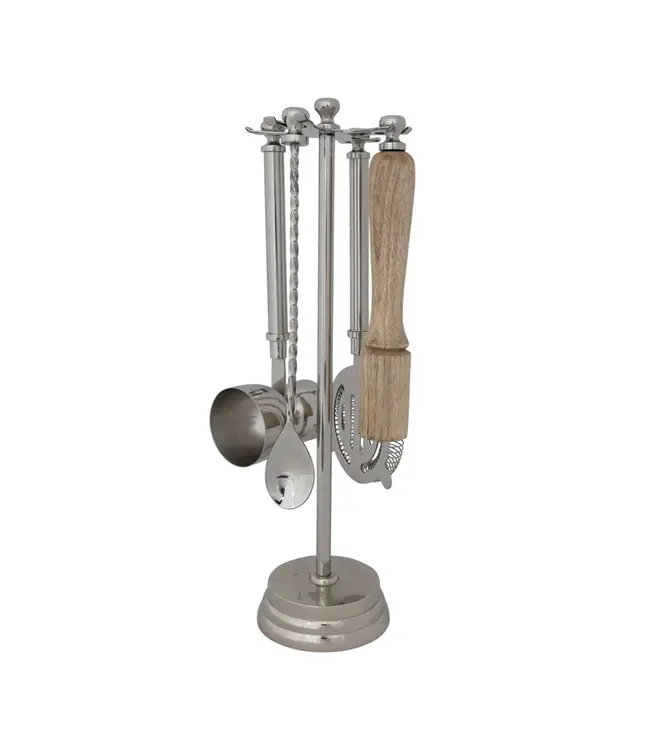 Creative Co-Op Stainless Steel & Mango Wood Bar Tools with Stand, Set of 5