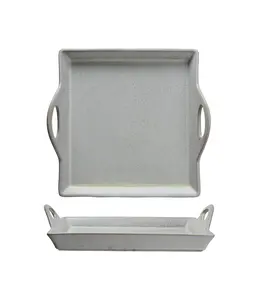 Creative Co-Op Stoneware Tray With Handles, Antique White