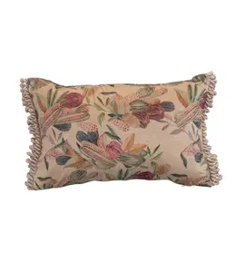 Creative Co-Op Fabric Velvet Printed Lumbar Pillow with Bullion Fringe