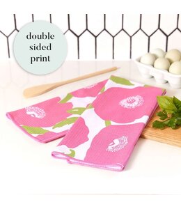rockflowerpaper Pink Poppies Blu Kitchen Tea Towel
