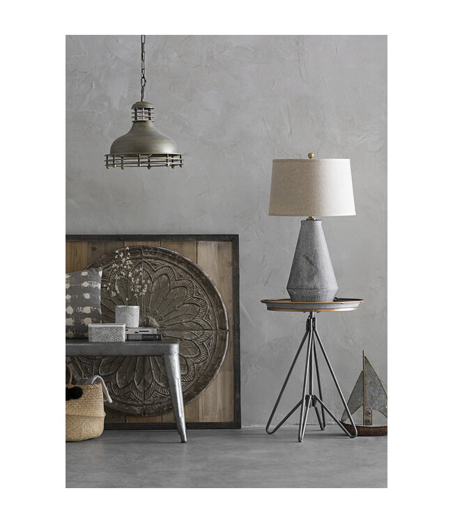 Creative Co-Op Ceramic Table Lamp with Natural Linen Shade, Blue Textured Glaze