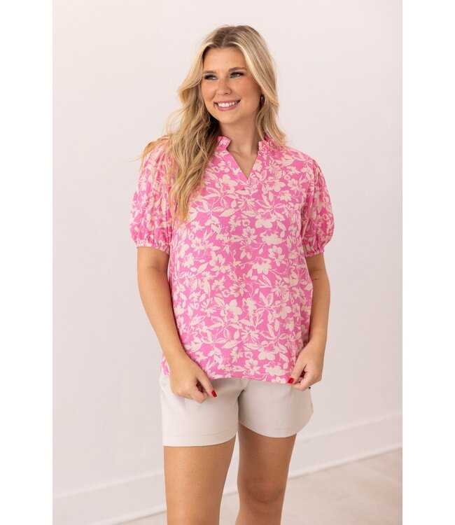 Grace + Emma Pink Floral Puff Sleeve Blouse