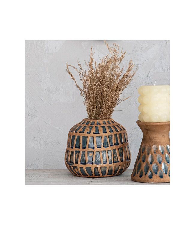 Creative Co-Op Debossed Terra-cotta Vase & Blue